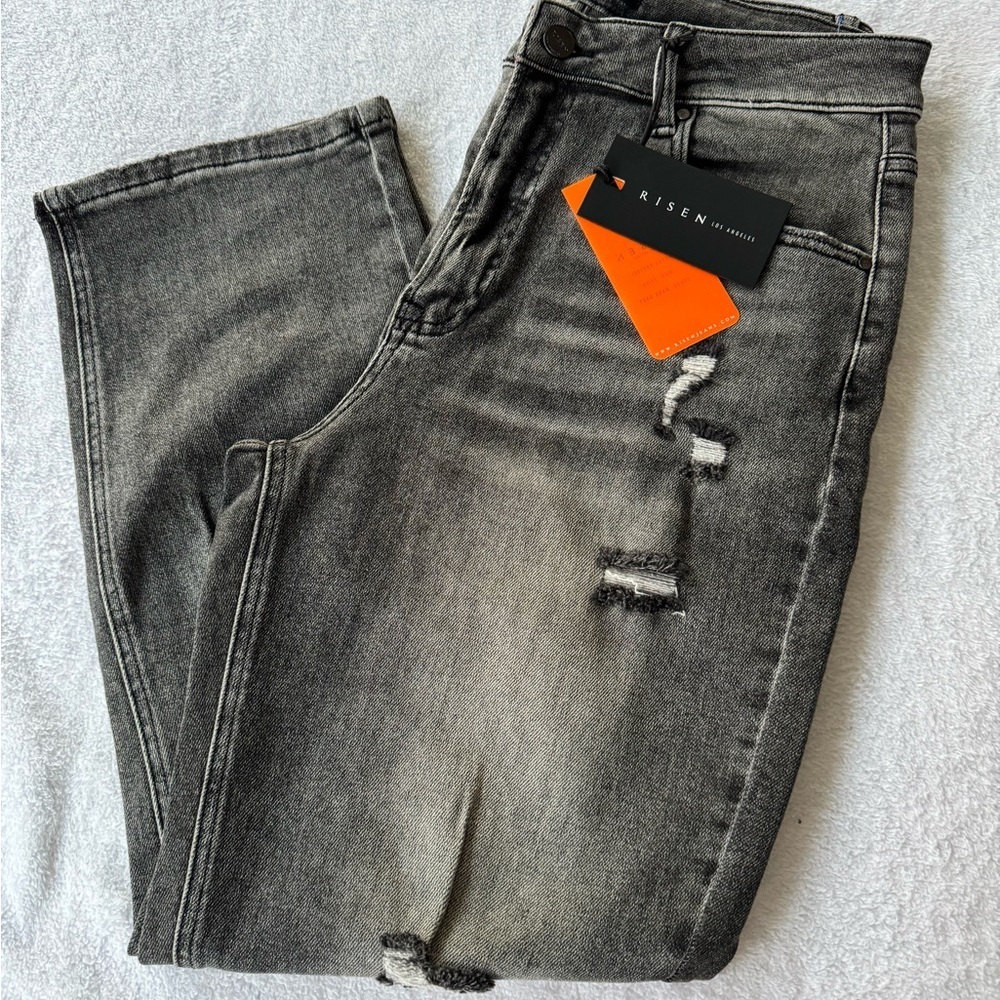 Risen Jeans Women’s Sz 11/30 High Waist Girlfriend Jeans black distressed Ripped - Picture 12 of 14